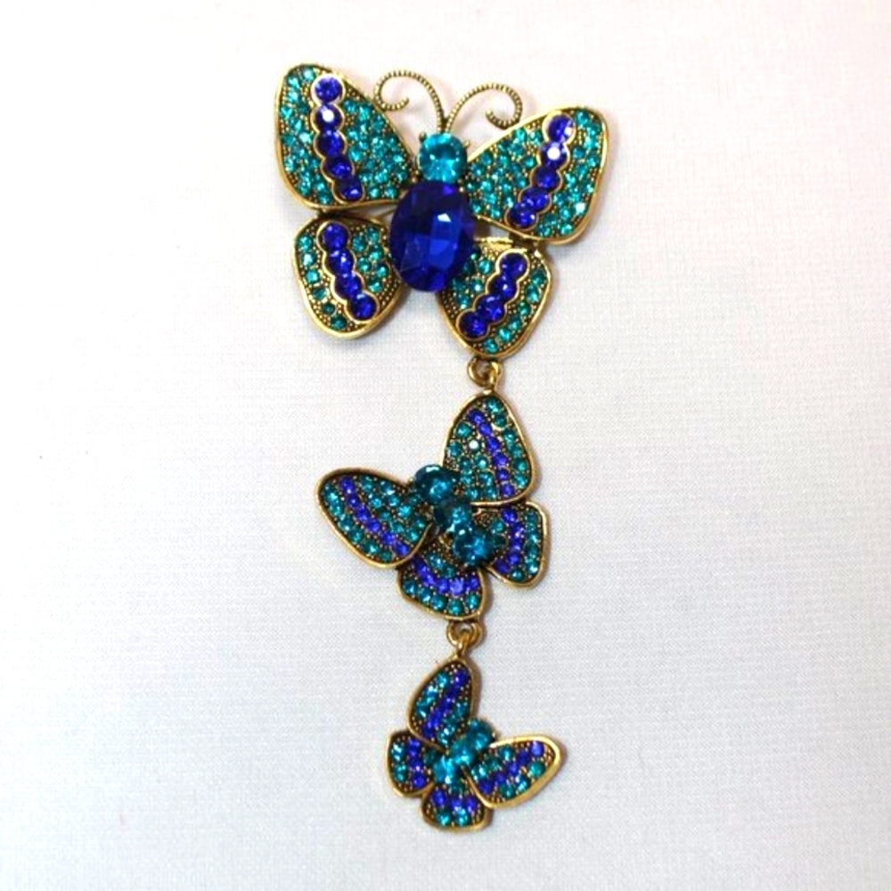 NWOT Blue and Turquoise Graduated Tri-Butterfly Brooch or Pendant